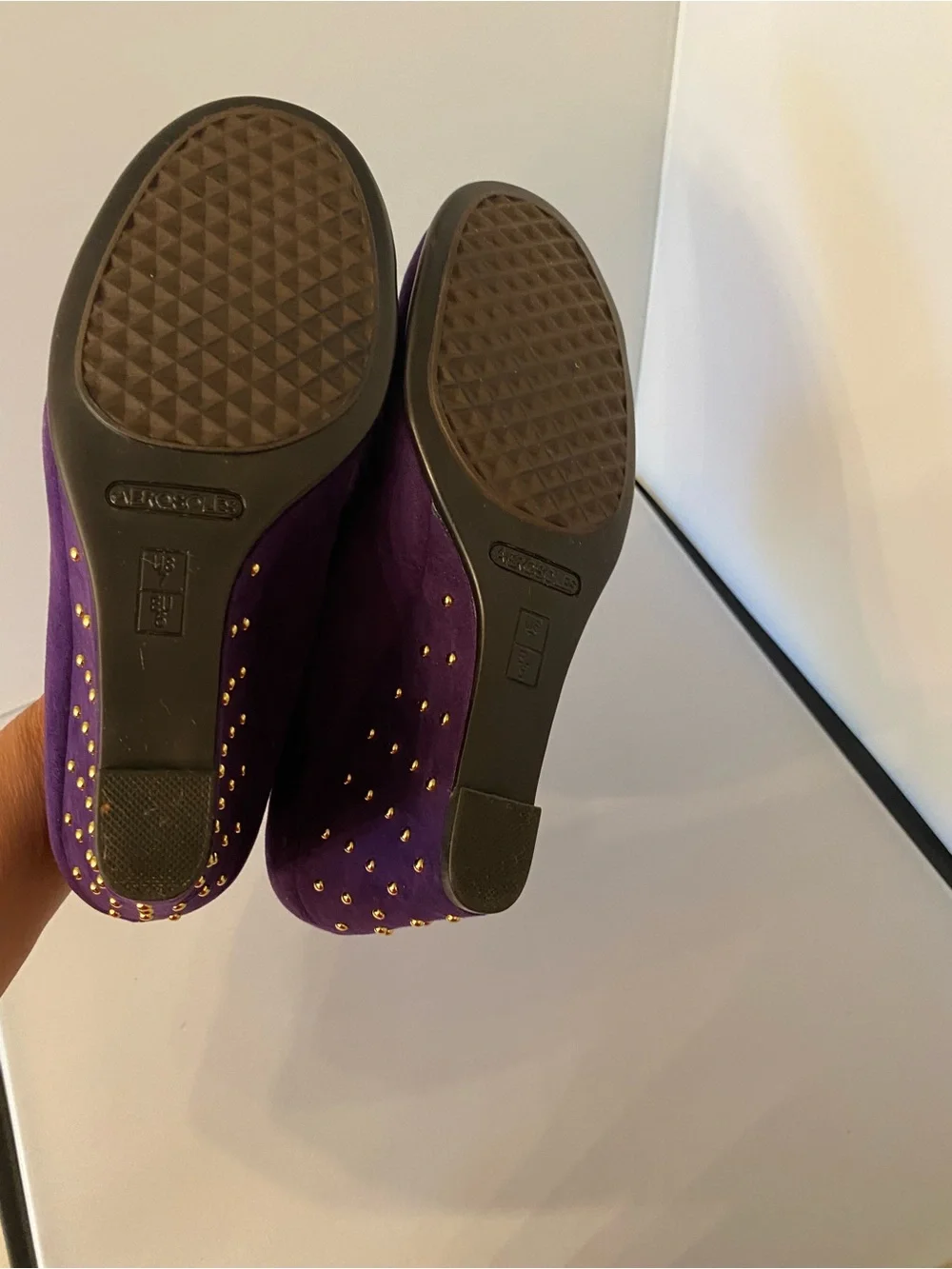 AEROSOLES Purple Plum Tree Suede Wedge Pumps and gold stud accents,size 7